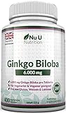Ginkgo Biloba 6000mg Tabletten | 400 Hochdosierte Gingko Biloba Extrakt Tabletten | Frei Von Allergenen und fr Vegetarier und Veganer Geeignet | Hergestellt in Grobritannien durch Nu U Nutrition