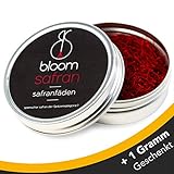 bloom safran 5g (+ 1g Dose Geschenkt) | Safranfden der Spitzenkategorie I  Premium Qualitt  | Saffron Azafran Gewrze fr Paella, Risotto, Fisch, Fleisch, Reisgerichte, Safran Tee